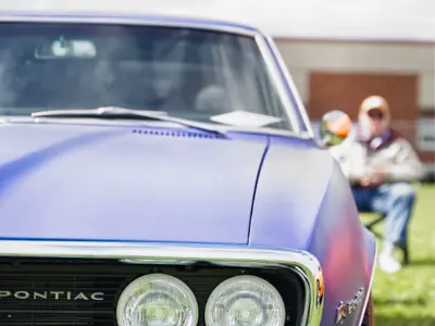 Close up of blue Pontiac vintage car.