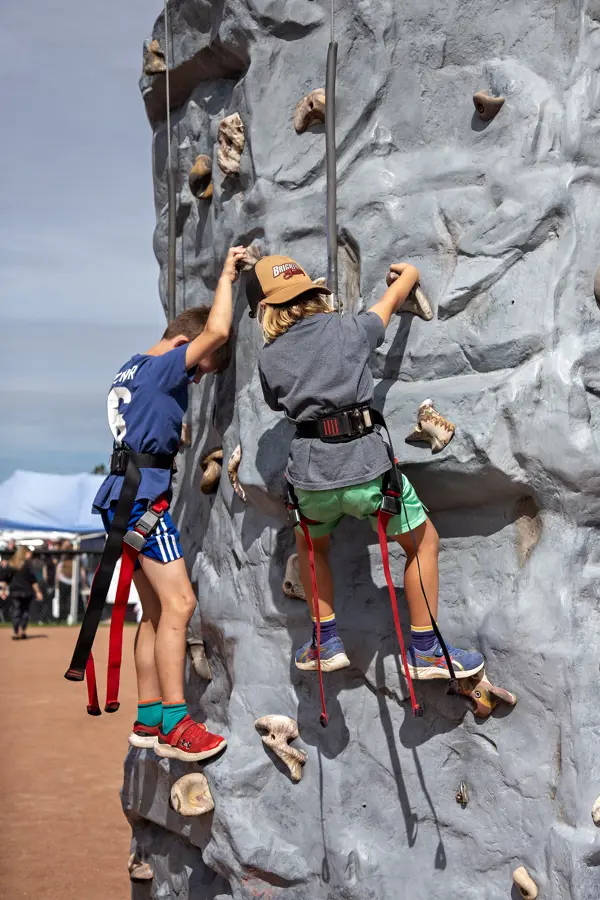 Two boys on a rock climbing structure.