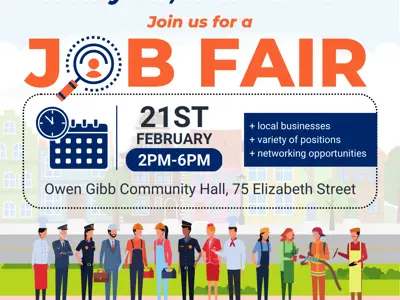 Job Fair Graphic with workers dressed in a number of different career outfits. Details on Career Fair stylized on image.