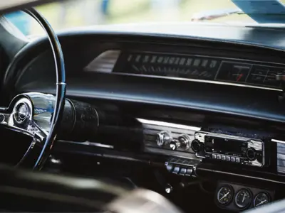 Inside dash of a vintage vehicle that attended Applefest 2022