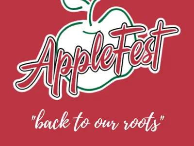 Red background with Applefest Logo and stylized back to our roots.
