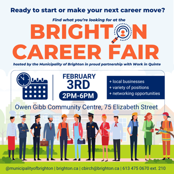 People wearing uniforms associated with different careers standing in front of a downtown streetscape. Details for the Career Fair and included around the images.